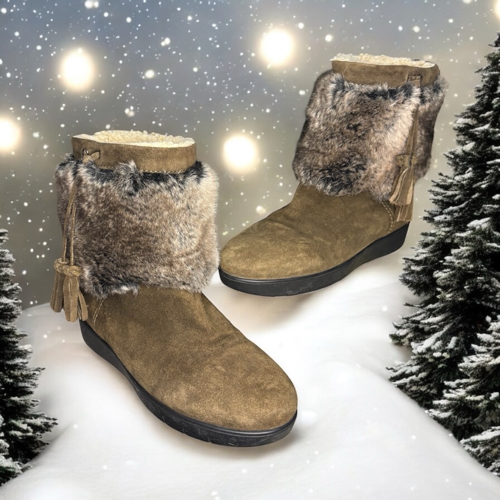 Aquatalia “Wilona” Frosted Faux Fur & Suede Winter Ankle Boots Women 7 Brown